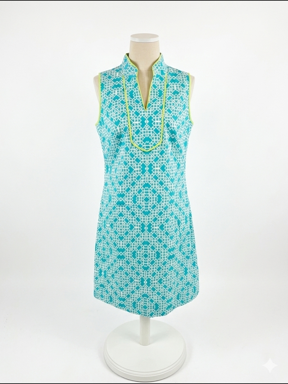 Vince Camuto Turquoise and White Geometric Sleeveless Shift Dress Lime Trim Sz 8